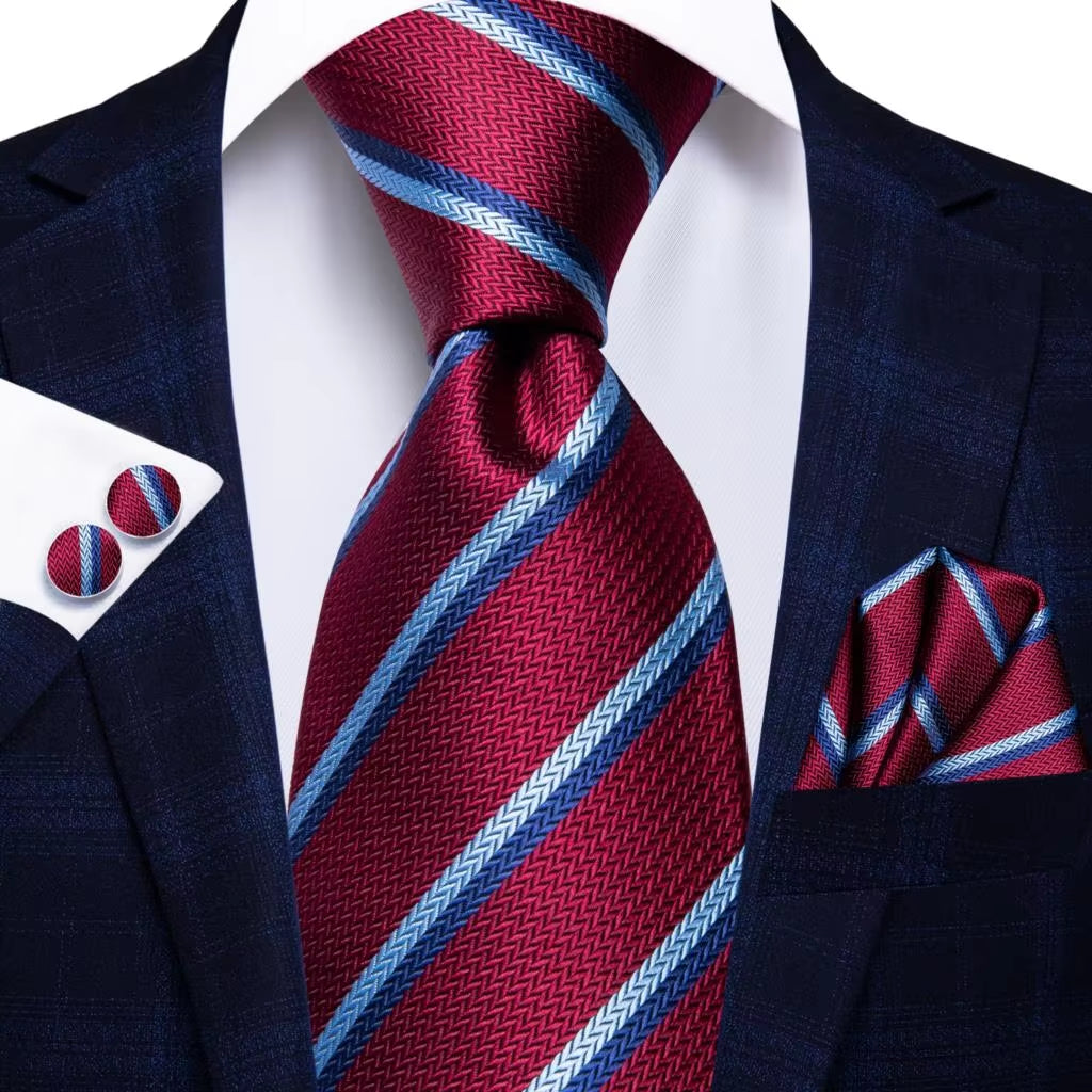 Designer Red Burgundy Plaid Silk Wedding Tie for Men Handky Cufflink Gift Mens Necktie Fashion Business Party Dropshiping