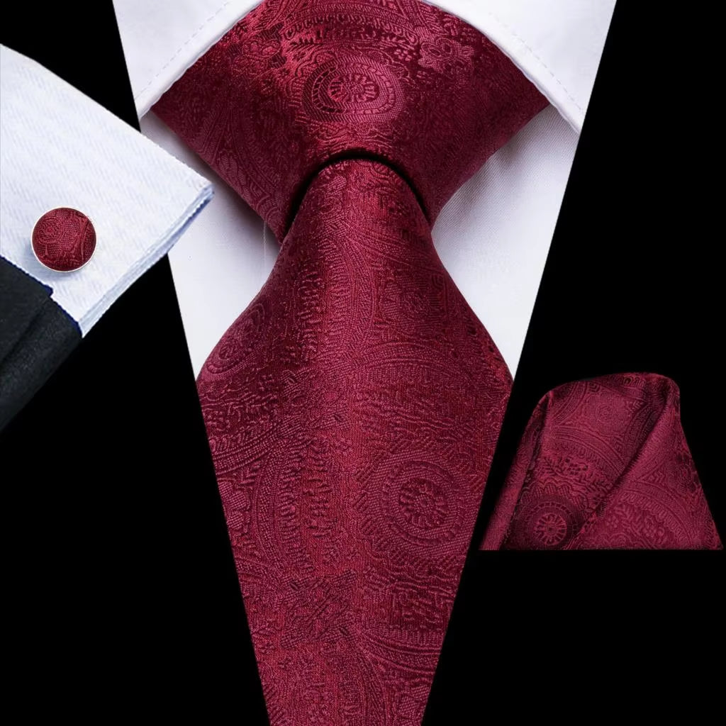 Designer Red Burgundy Plaid Silk Wedding Tie for Men Handky Cufflink Gift Mens Necktie Fashion Business Party Dropshiping