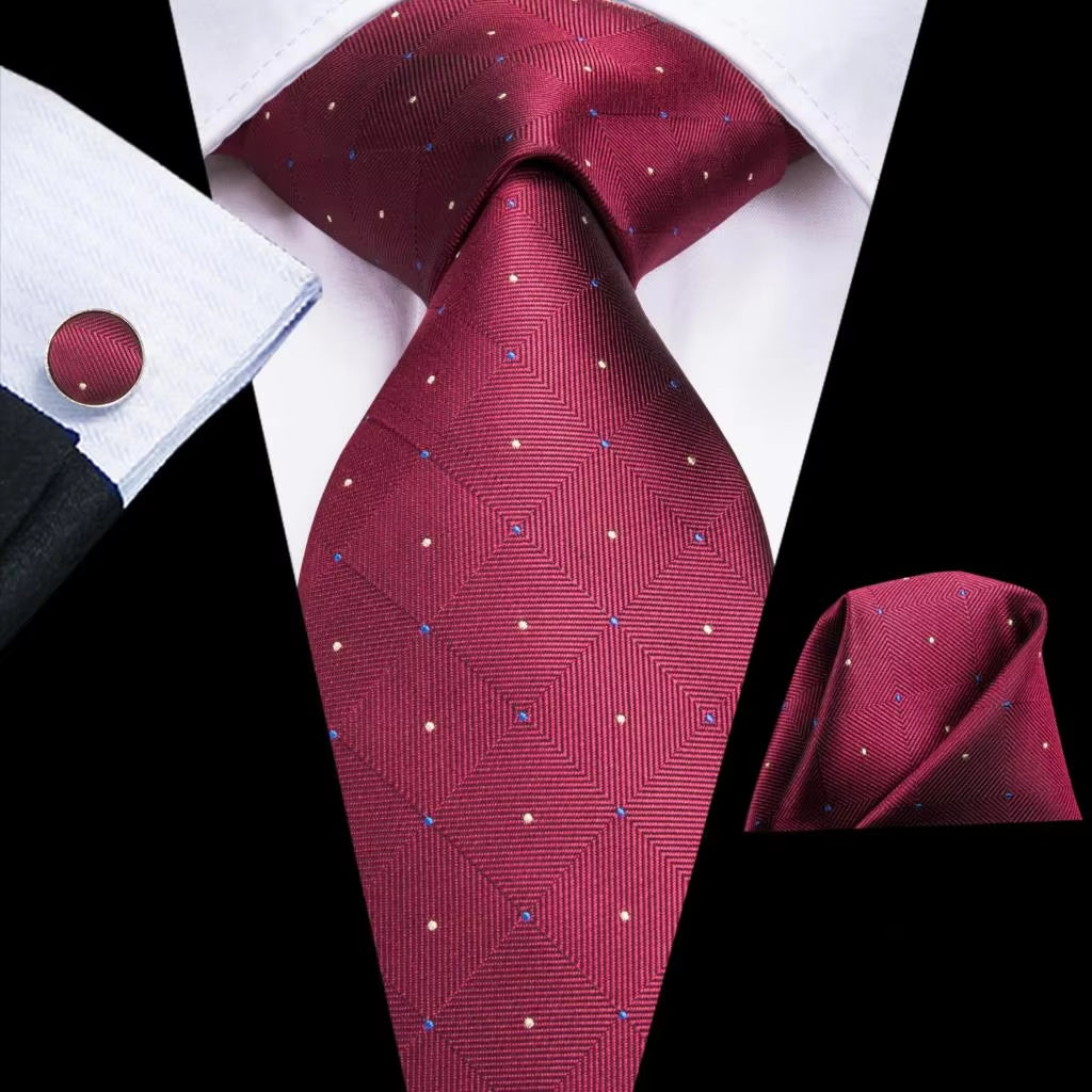 Designer Red Burgundy Plaid Silk Wedding Tie for Men Handky Cufflink Gift Mens Necktie Fashion Business Party Dropshiping