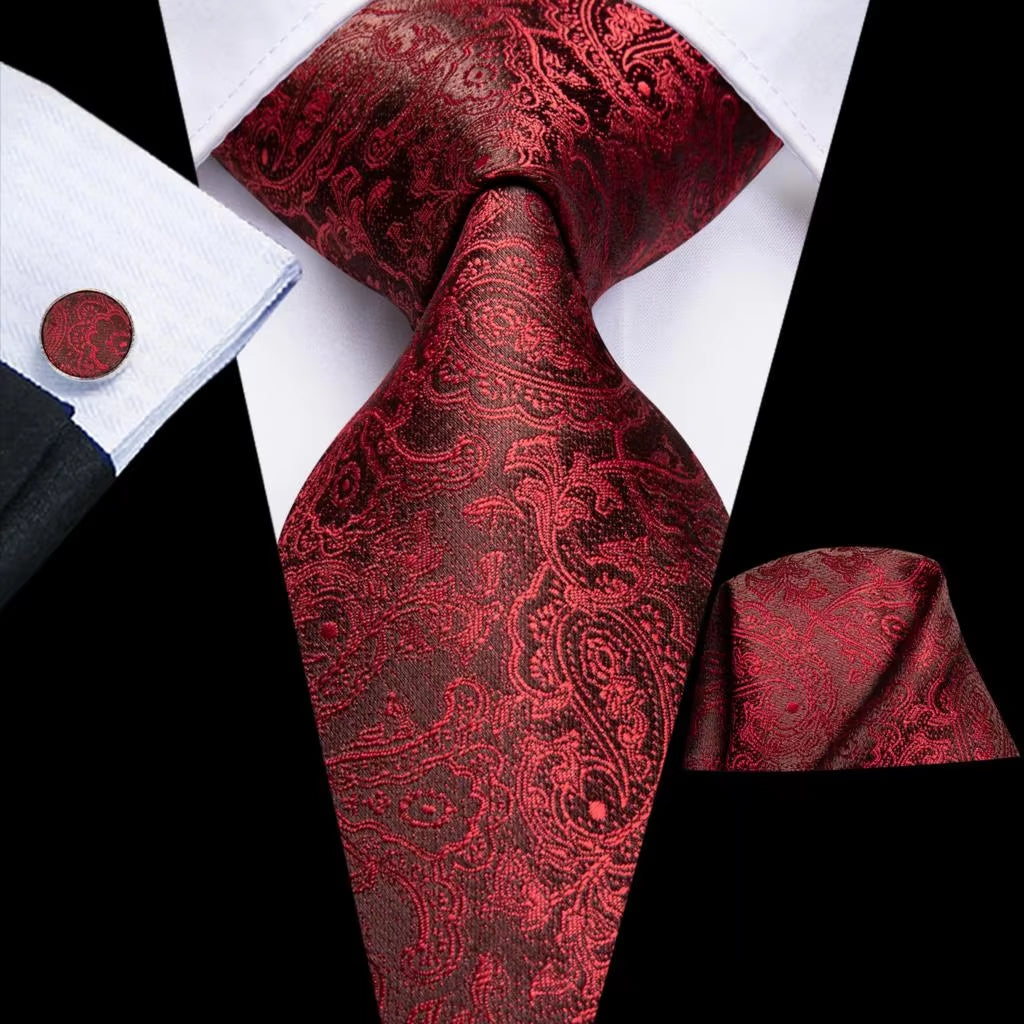 Designer Red Burgundy Plaid Silk Wedding Tie for Men Handky Cufflink Gift Mens Necktie Fashion Business Party Dropshiping