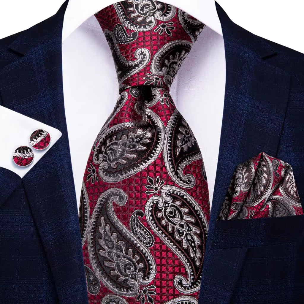 Designer Red Burgundy Plaid Silk Wedding Tie for Men Handky Cufflink Gift Mens Necktie Fashion Business Party Dropshiping