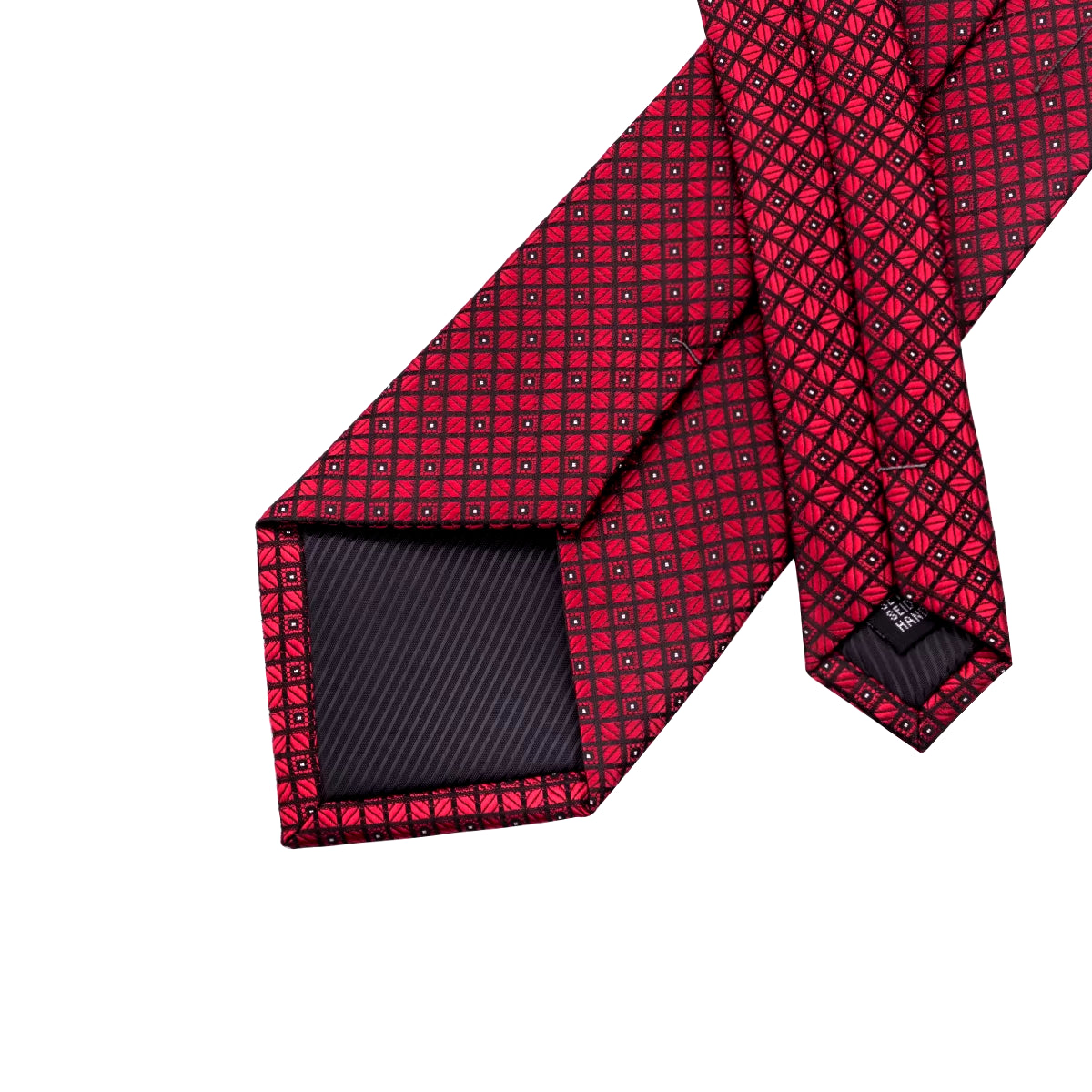 Designer Red Burgundy Plaid Silk Wedding Tie for Men Handky Cufflink Gift Mens Necktie Fashion Business Party Dropshiping