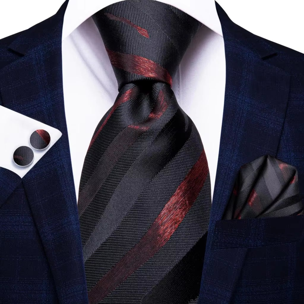 Designer Red Burgundy Plaid Silk Wedding Tie for Men Handky Cufflink Gift Mens Necktie Fashion Business Party Dropshiping