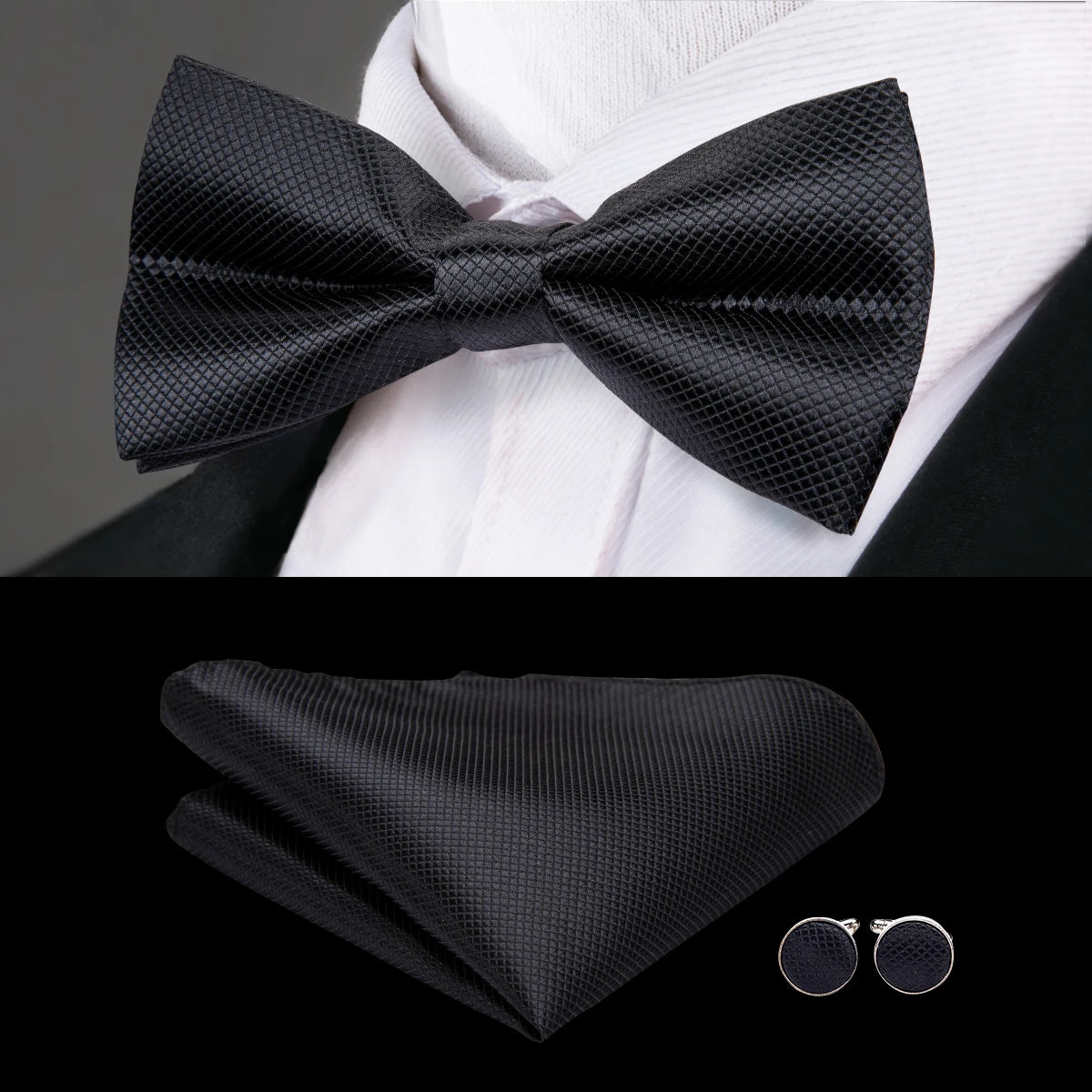Men's Jacquard Silk Black and Gold Striped Bow Tie Set with Handkerchief and Cufflinks - Pre-Tied Butterfly Bowknot Gift for Adults