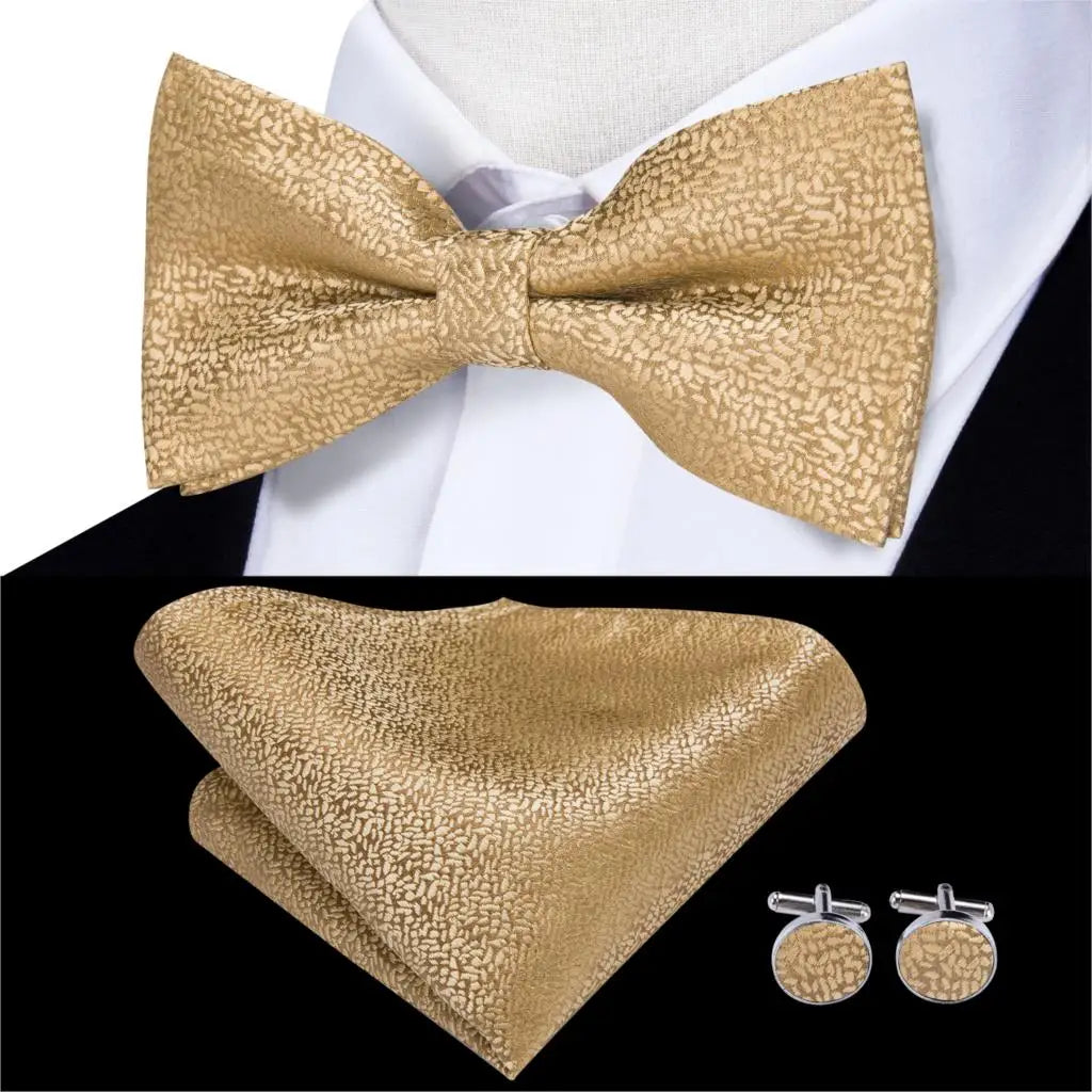 Men's Jacquard Silk Black and Gold Striped Bow Tie Set with Handkerchief and Cufflinks - Pre-Tied Butterfly Bowknot Gift for Adults