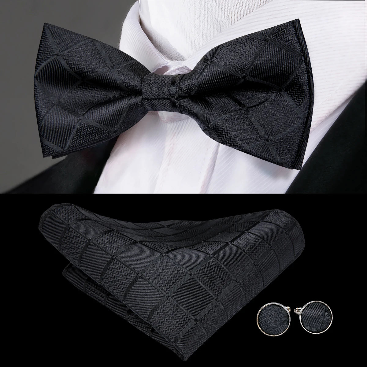 Men's Jacquard Silk Black and Gold Striped Bow Tie Set with Handkerchief and Cufflinks - Pre-Tied Butterfly Bowknot Gift for Adults