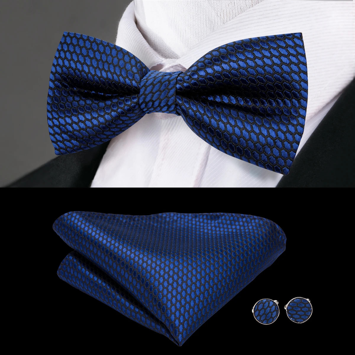 Men's Jacquard Silk Black and Gold Striped Bow Tie Set with Handkerchief and Cufflinks - Pre-Tied Butterfly Bowknot Gift for Adults