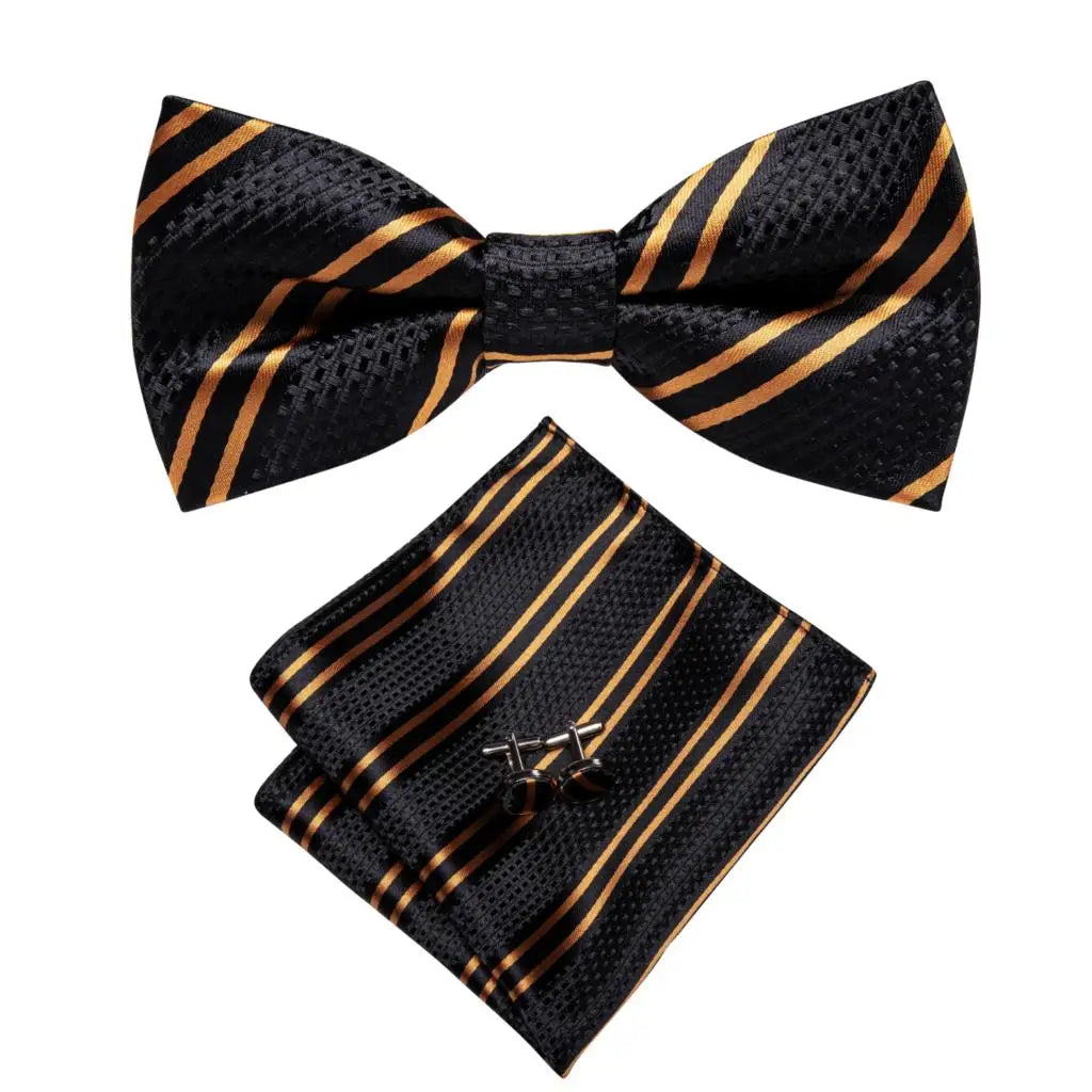 Men's Jacquard Silk Black and Gold Striped Bow Tie Set with Handkerchief and Cufflinks - Pre-Tied Butterfly Bowknot Gift for Adults