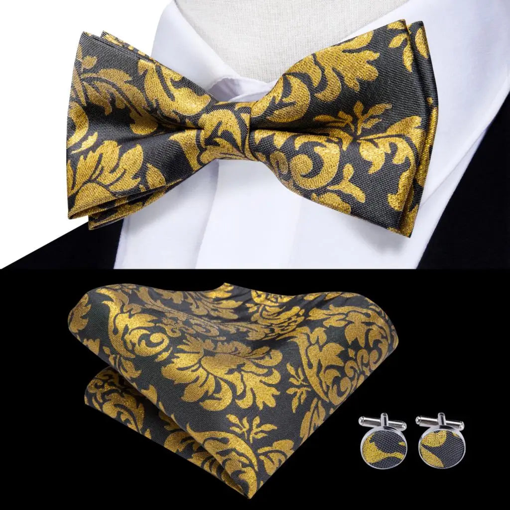 Men's Jacquard Silk Black and Gold Striped Bow Tie Set with Handkerchief and Cufflinks - Pre-Tied Butterfly Bowknot Gift for Adults