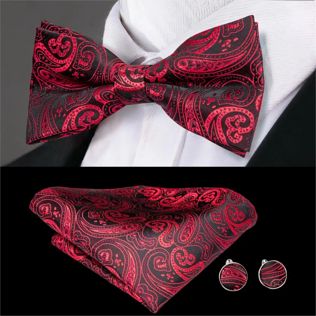 Men's Jacquard Silk Black and Gold Striped Bow Tie Set with Handkerchief and Cufflinks - Pre-Tied Butterfly Bowknot Gift for Adults