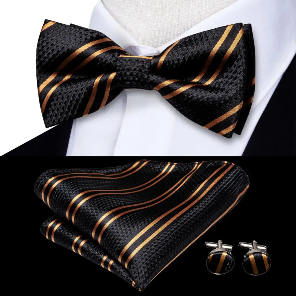 Men's Jacquard Silk Black and Gold Striped Bow Tie Set with Handkerchief and Cufflinks - Pre-Tied Butterfly Bowknot Gift for Adults