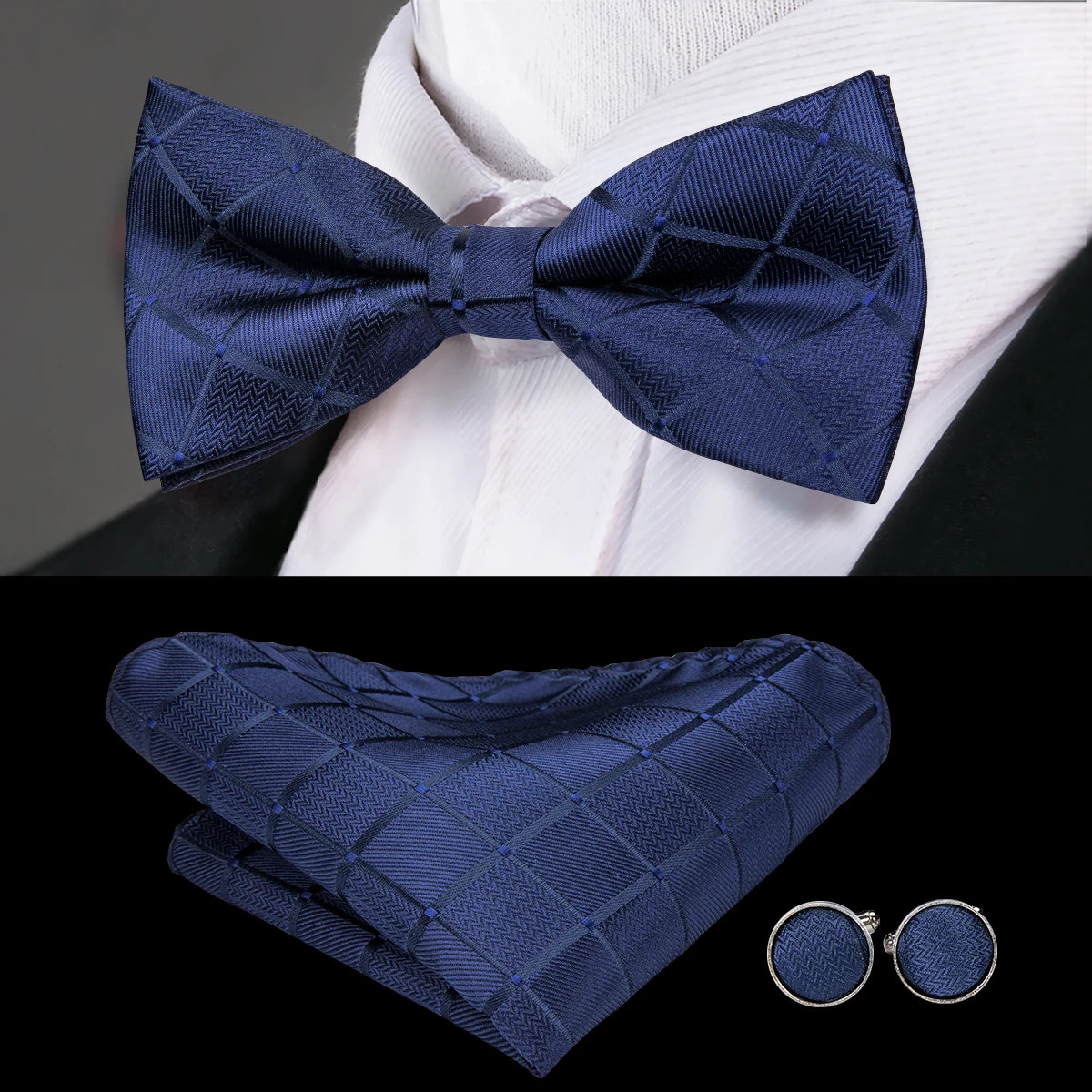 Men's Jacquard Silk Black and Gold Striped Bow Tie Set with Handkerchief and Cufflinks - Pre-Tied Butterfly Bowknot Gift for Adults