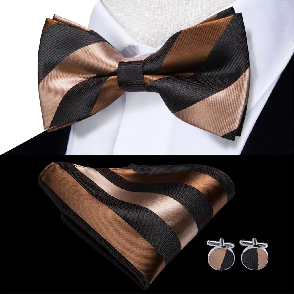 Men's Jacquard Silk Black and Gold Striped Bow Tie Set with Handkerchief and Cufflinks - Pre-Tied Butterfly Bowknot Gift for Adults