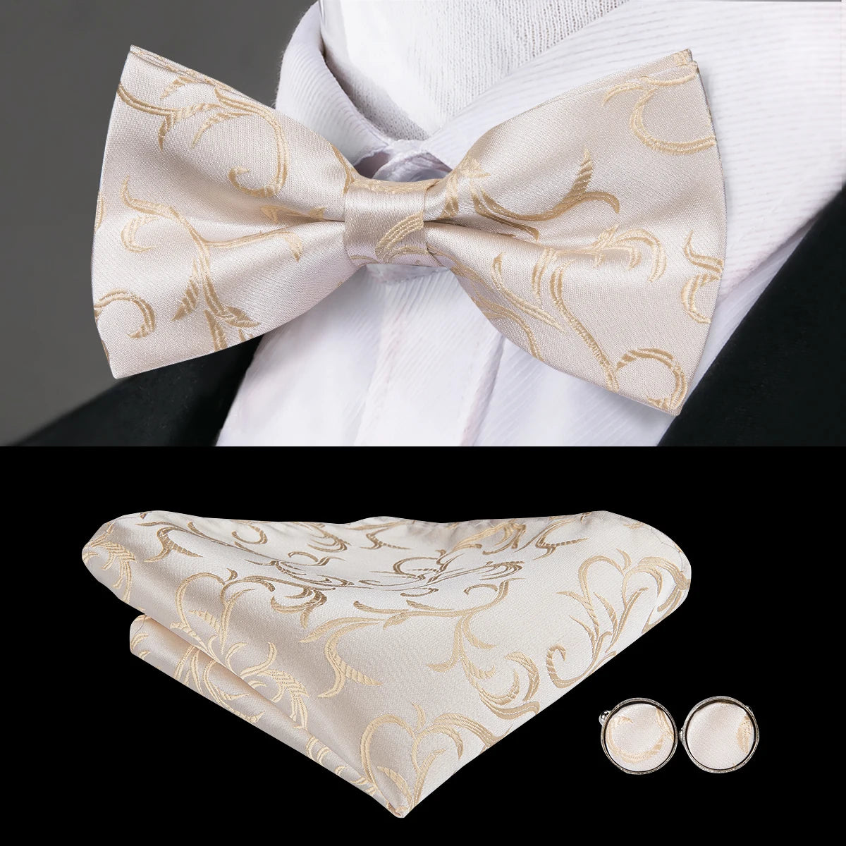Men's Jacquard Silk Black and Gold Striped Bow Tie Set with Handkerchief and Cufflinks - Pre-Tied Butterfly Bowknot Gift for Adults