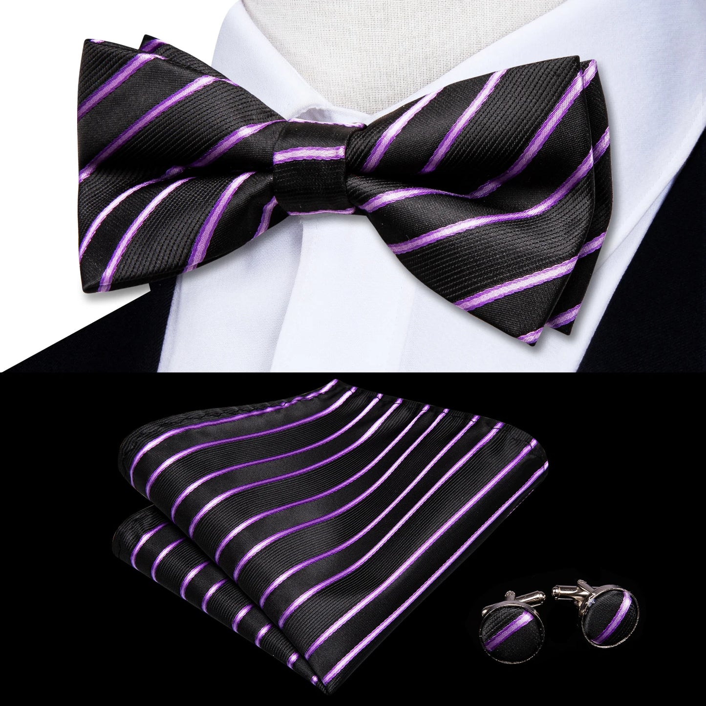 Men's Jacquard Silk Black and Gold Striped Bow Tie Set with Handkerchief and Cufflinks - Pre-Tied Butterfly Bowknot Gift for Adults