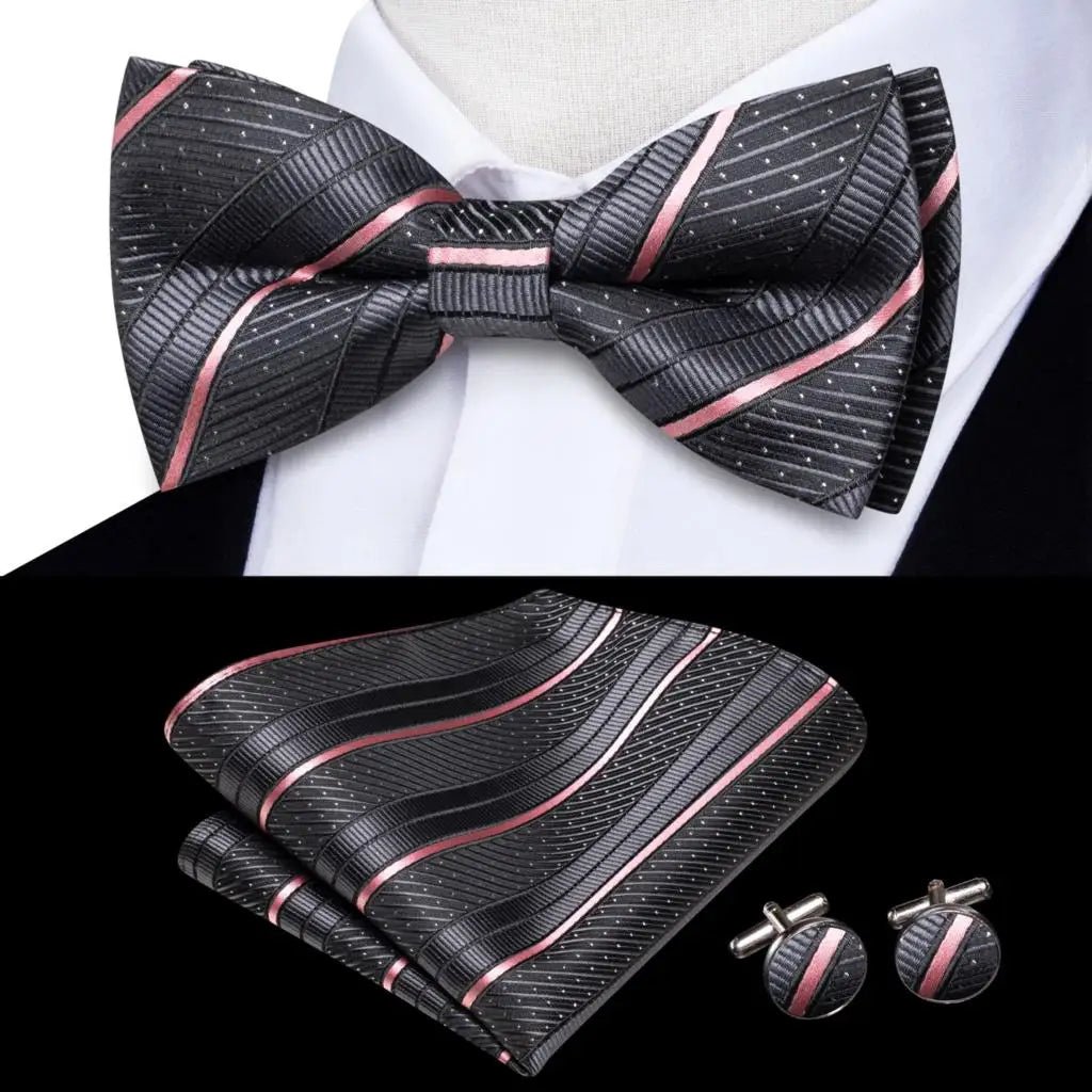 Men's Bow Tie, Silk, Handkerchief, and Cufflinks Set in White, Black, Gray, and Silver - Pre-Tied Butterfly Knot for Weddings and Business Events
