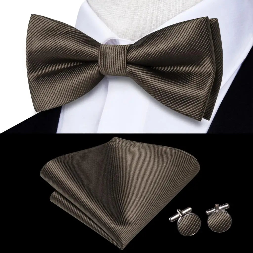 Men's Bow Tie, Silk, Handkerchief, and Cufflinks Set in White, Black, Gray, and Silver - Pre-Tied Butterfly Knot for Weddings and Business Events