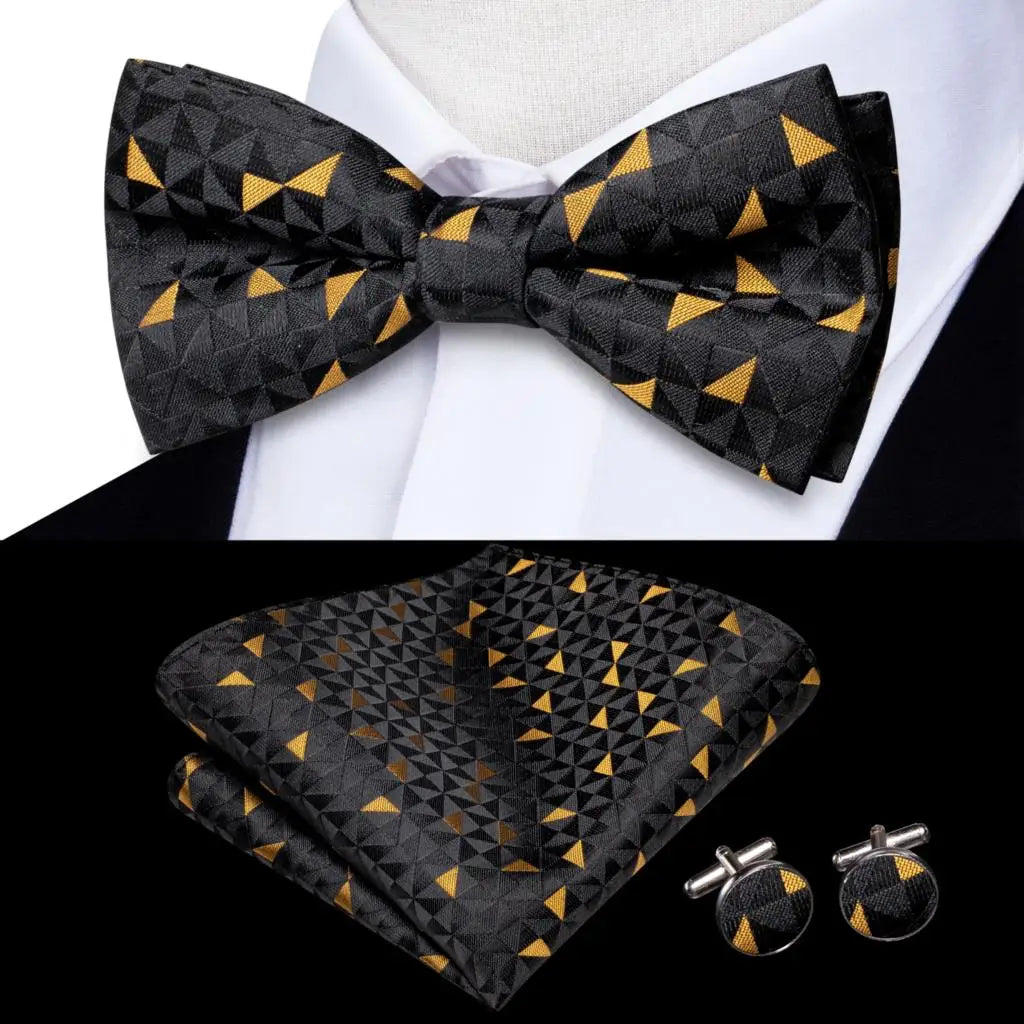 Men's Bow Tie, Silk, Handkerchief, and Cufflinks Set in White, Black, Gray, and Silver - Pre-Tied Butterfly Knot for Weddings and Business Events