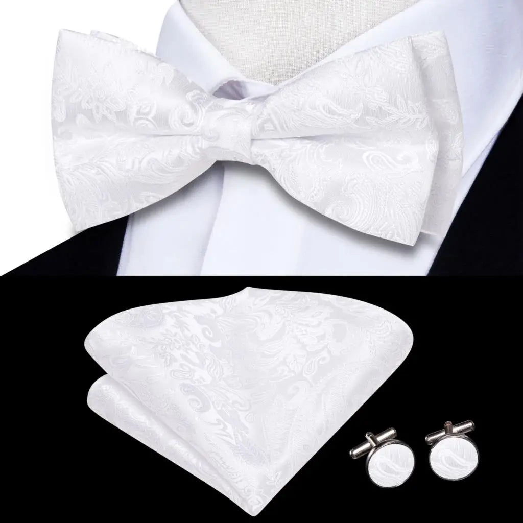 Men's Bow Tie, Silk, Handkerchief, and Cufflinks Set in White, Black, Gray, and Silver - Pre-Tied Butterfly Knot for Weddings and Business Events