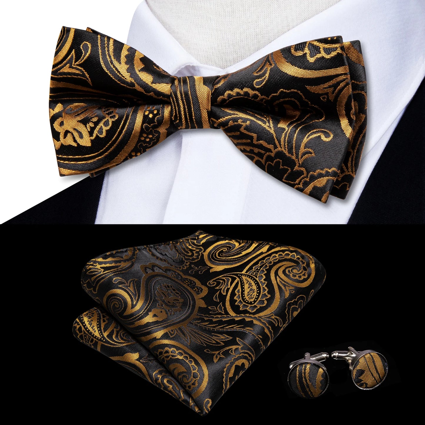 Men's Jacquard Silk Black and Gold Striped Bow Tie Set with Handkerchief and Cufflinks - Pre-Tied Butterfly Bowknot Gift for Adults