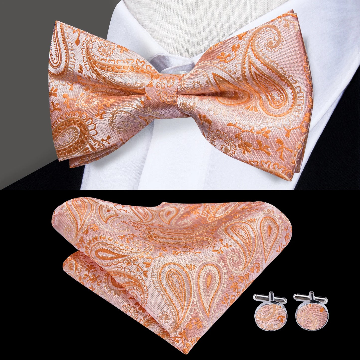 Men's Jacquard Silk Black and Gold Striped Bow Tie Set with Handkerchief and Cufflinks - Pre-Tied Butterfly Bowknot Gift for Adults
