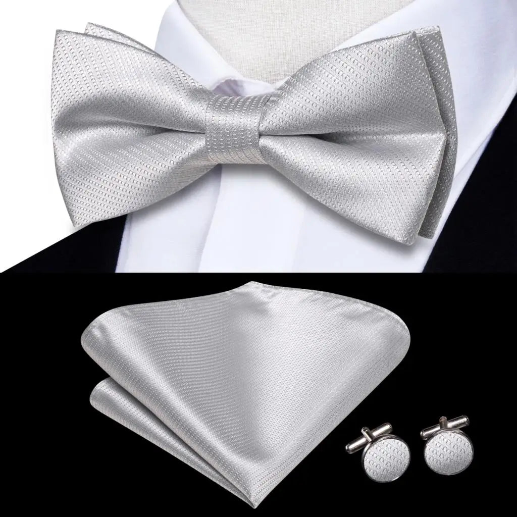 Men's Bow Tie, Silk, Handkerchief, and Cufflinks Set in White, Black, Gray, and Silver - Pre-Tied Butterfly Knot for Weddings and Business Events