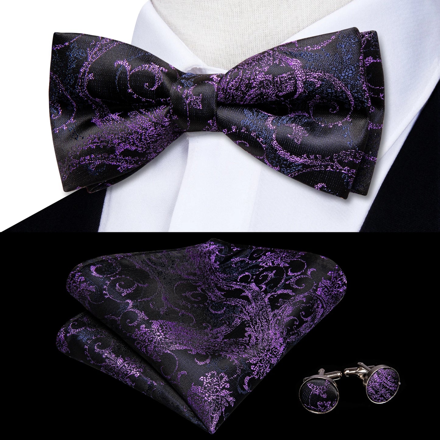 Men's Jacquard Silk Black and Gold Striped Bow Tie Set with Handkerchief and Cufflinks - Pre-Tied Butterfly Bowknot Gift for Adults