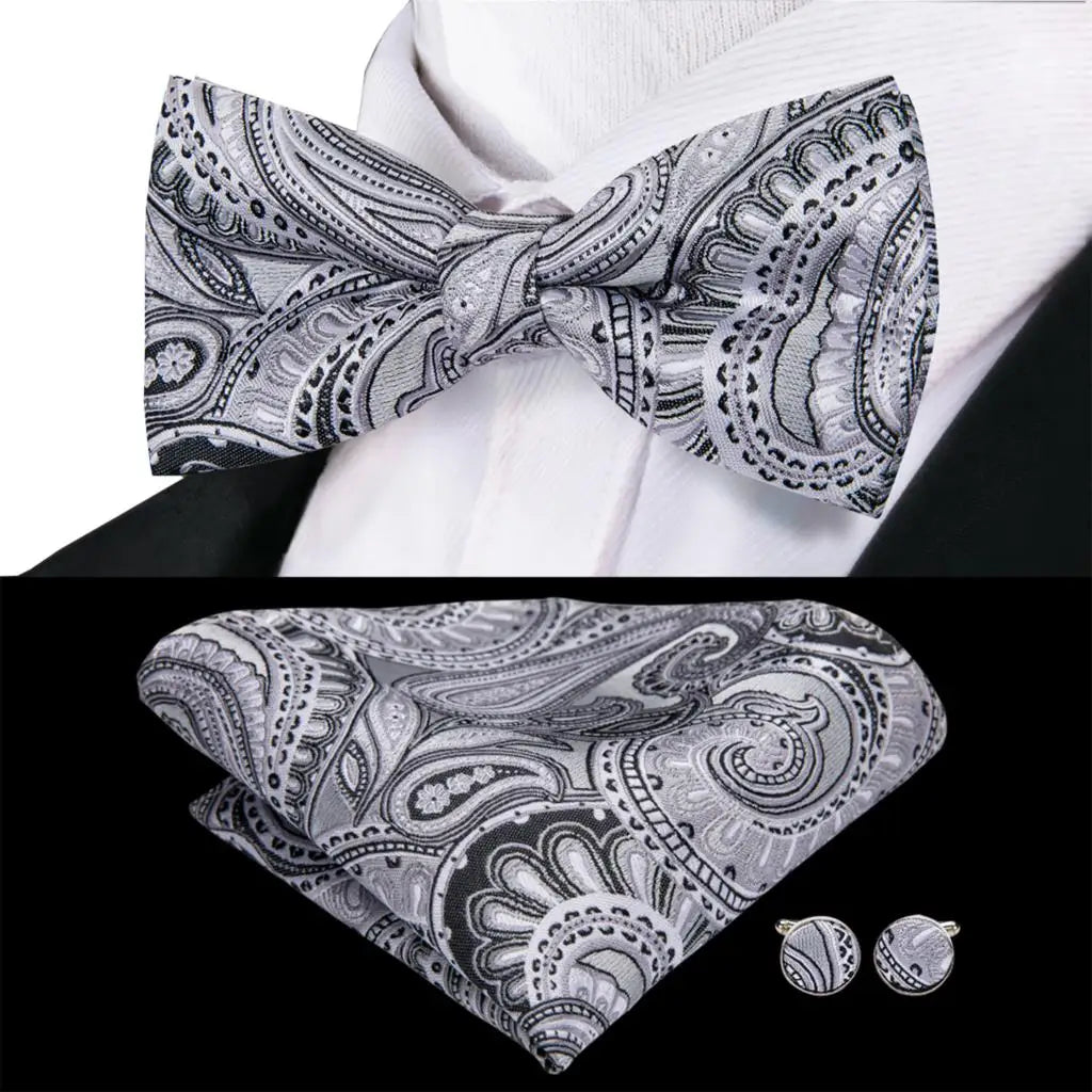 Men's Bow Tie, Silk, Handkerchief, and Cufflinks Set in White, Black, Gray, and Silver - Pre-Tied Butterfly Knot for Weddings and Business Events