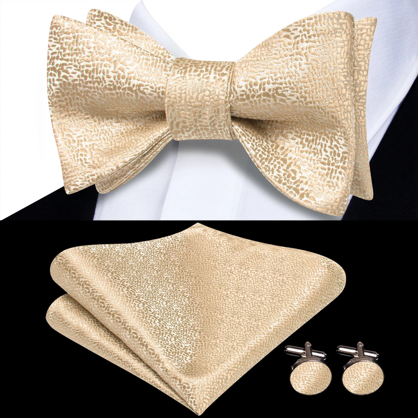 Men's Bow Tie, Handkerchief, and Cufflinks Set - Jacquard Floral Pre-Tied Butterfly Bowtie for Weddings and Business Events