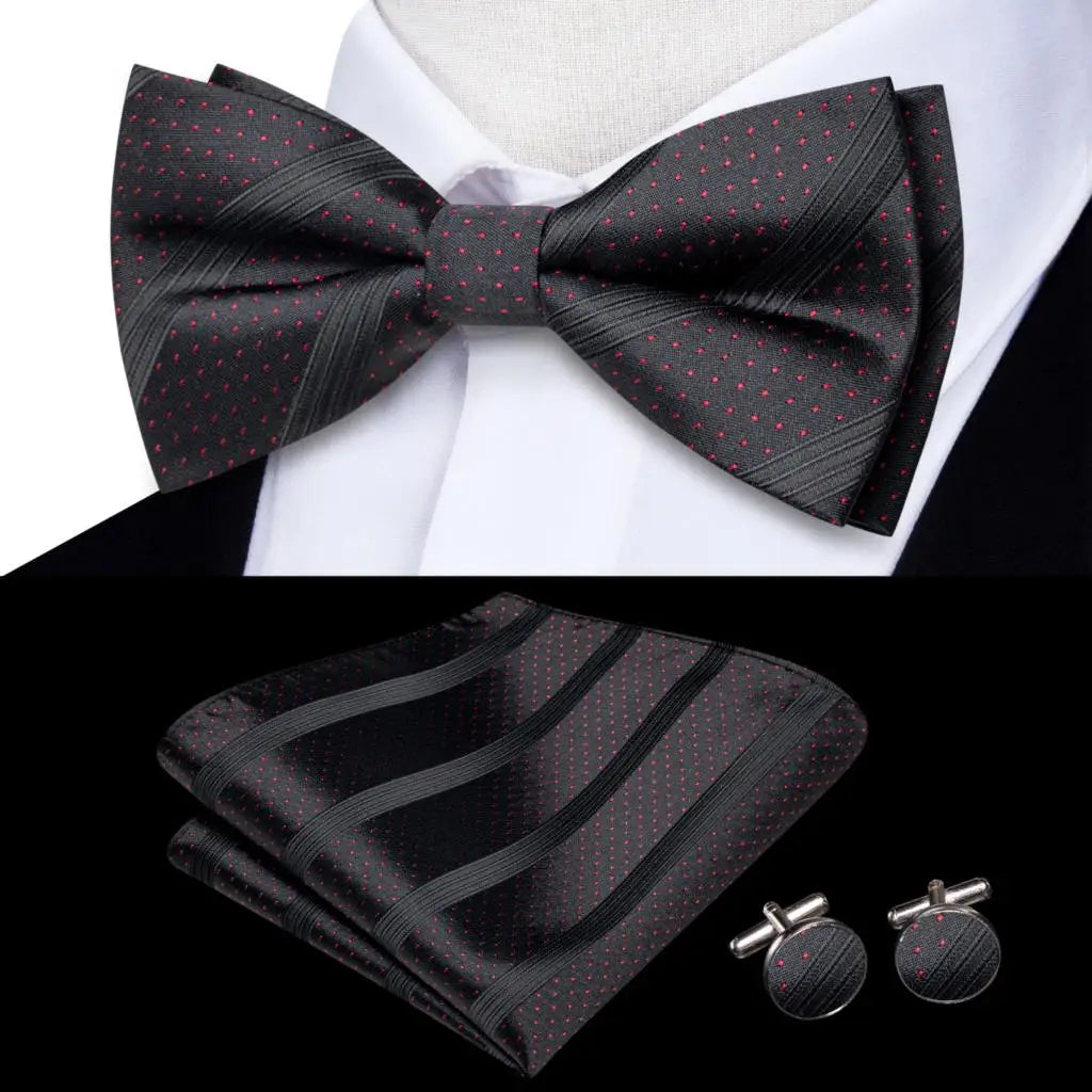 Men's Bow Tie, Silk, Handkerchief, and Cufflinks Set in White, Black, Gray, and Silver - Pre-Tied Butterfly Knot for Weddings and Business Events