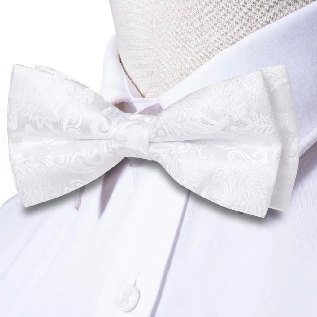 Men's Bow Tie, Silk, Handkerchief, and Cufflinks Set in White, Black, Gray, and Silver - Pre-Tied Butterfly Knot for Weddings and Business Events