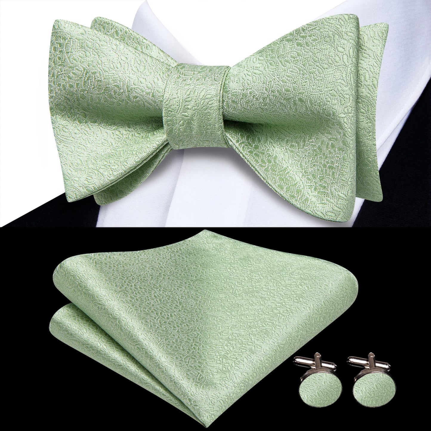 Men's Bow Tie, Handkerchief, and Cufflinks Set - Jacquard Floral Pre-Tied Butterfly Bowtie for Weddings and Business Events