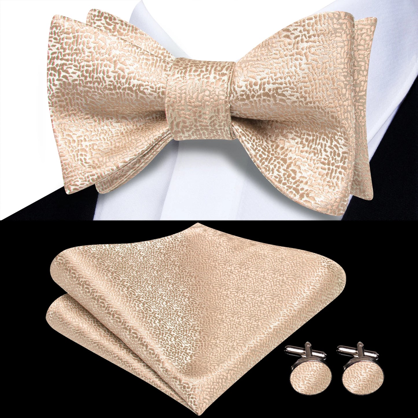 Men's Bow Tie, Handkerchief, and Cufflinks Set - Jacquard Floral Pre-Tied Butterfly Bowtie for Weddings and Business Events