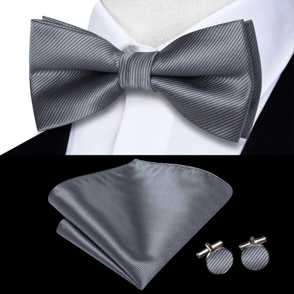 Men's Bow Tie, Silk, Handkerchief, and Cufflinks Set in White, Black, Gray, and Silver - Pre-Tied Butterfly Knot for Weddings and Business Events