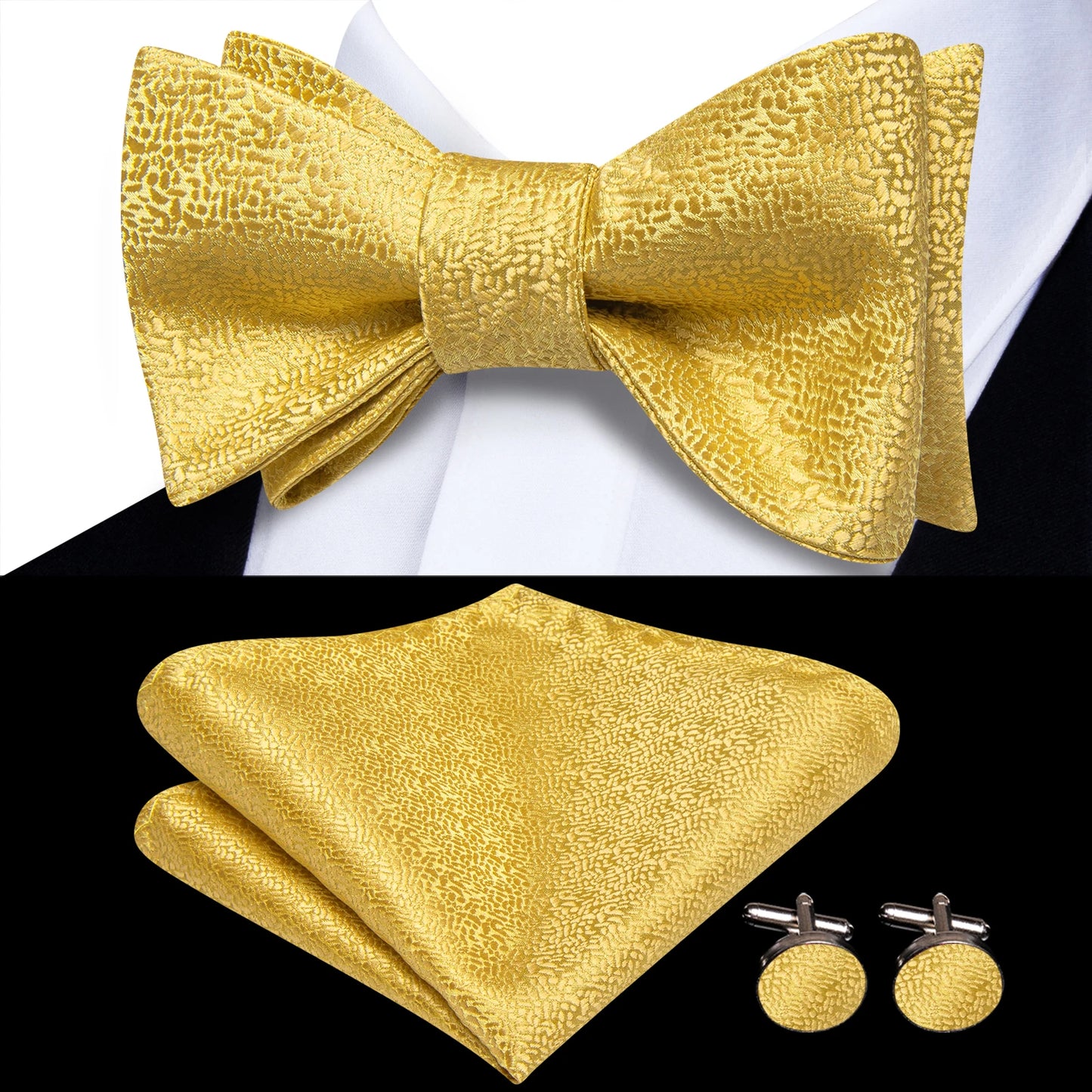 Men's Bow Tie, Handkerchief, and Cufflinks Set - Jacquard Floral Pre-Tied Butterfly Bowtie for Weddings and Business Events