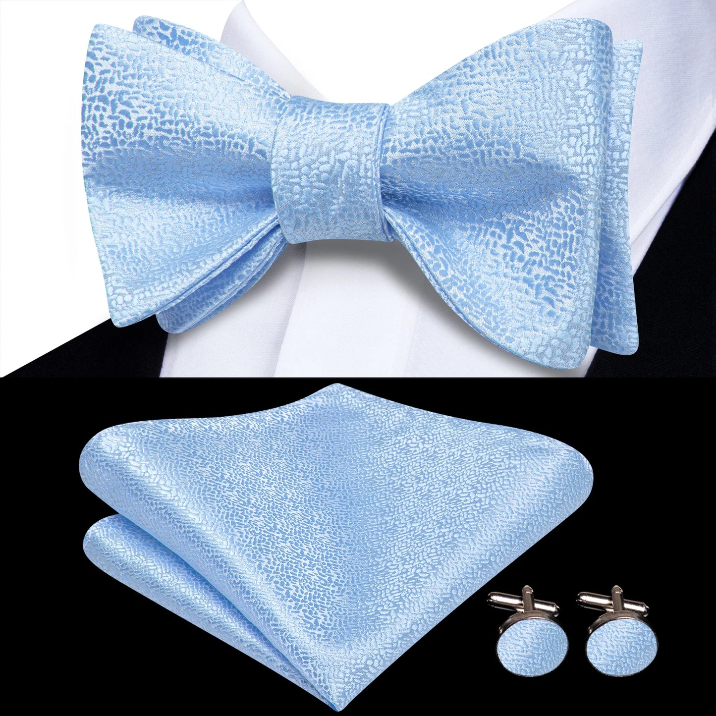 Men's Bow Tie, Handkerchief, and Cufflinks Set - Jacquard Floral Pre-Tied Butterfly Bowtie for Weddings and Business Events