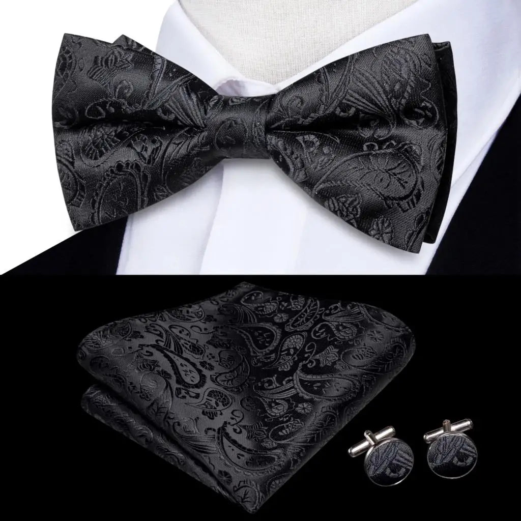 Men's Bow Tie, Silk, Handkerchief, and Cufflinks Set in White, Black, Gray, and Silver - Pre-Tied Butterfly Knot for Weddings and Business Events