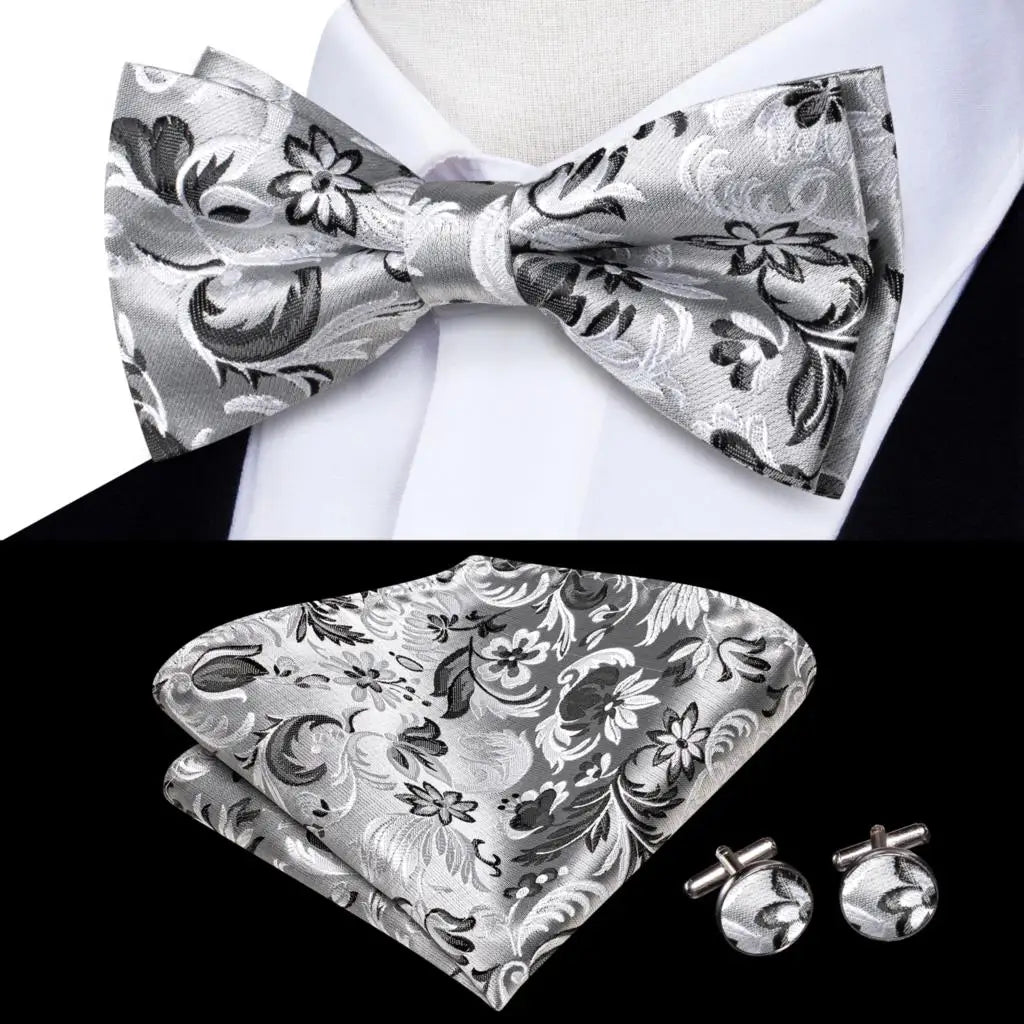Men's Bow Tie, Silk, Handkerchief, and Cufflinks Set in White, Black, Gray, and Silver - Pre-Tied Butterfly Knot for Weddings and Business Events