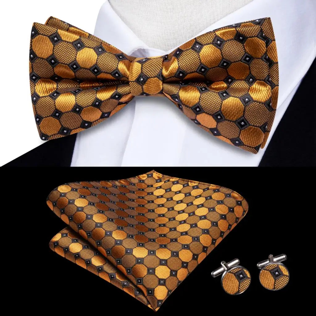 Men's Jacquard Silk Black and Gold Striped Bow Tie Set with Handkerchief and Cufflinks - Pre-Tied Butterfly Bowknot Gift for Adults