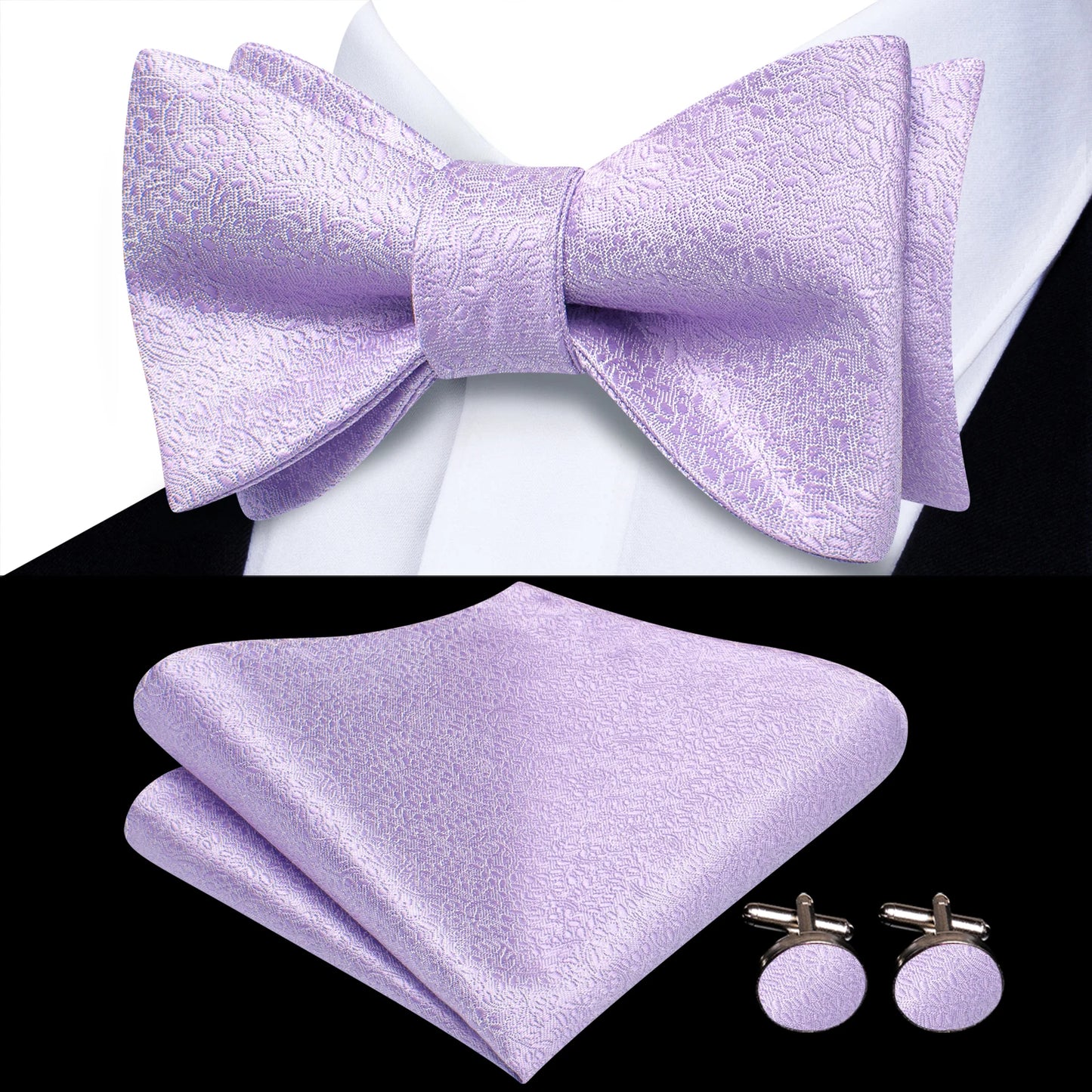 Men's Bow Tie, Handkerchief, and Cufflinks Set - Jacquard Floral Pre-Tied Butterfly Bowtie for Weddings and Business Events