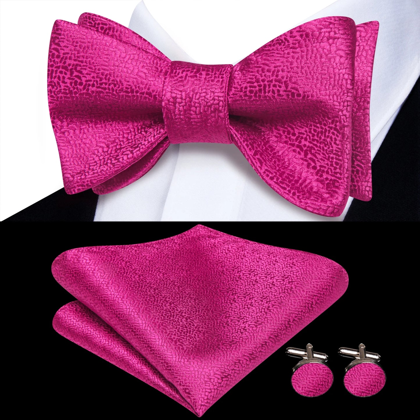 Men's Bow Tie, Handkerchief, and Cufflinks Set - Jacquard Floral Pre-Tied Butterfly Bowtie for Weddings and Business Events