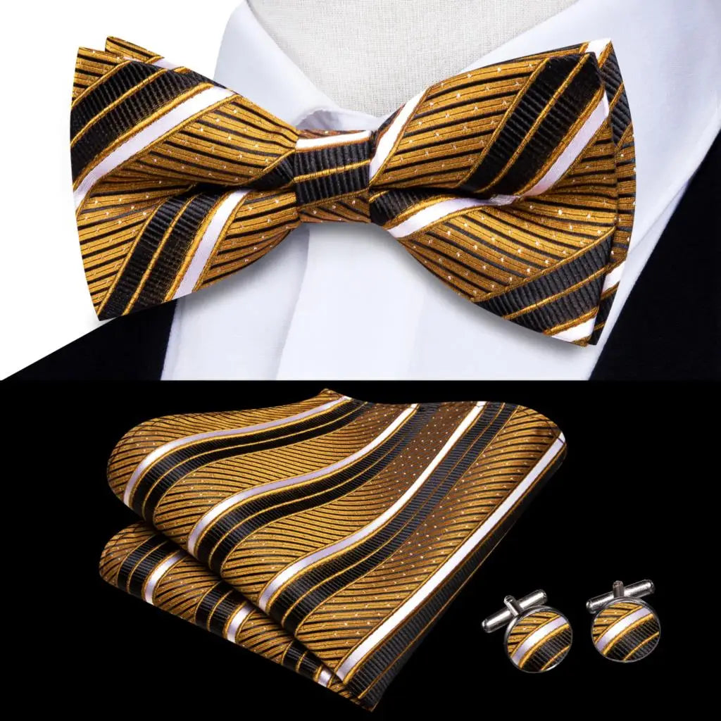 Men's Jacquard Silk Black and Gold Striped Bow Tie Set with Handkerchief and Cufflinks - Pre-Tied Butterfly Bowknot Gift for Adults