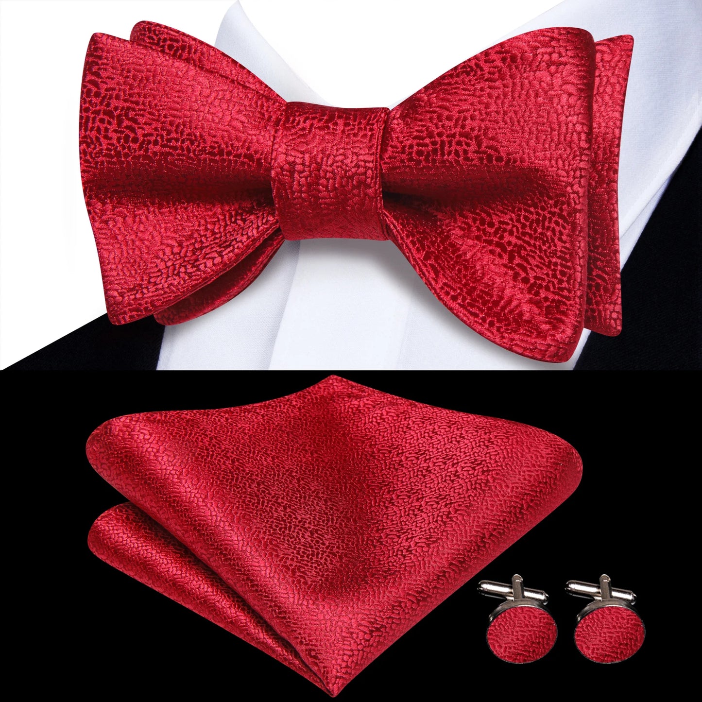 Men's Bow Tie, Handkerchief, and Cufflinks Set - Jacquard Floral Pre-Tied Butterfly Bowtie for Weddings and Business Events