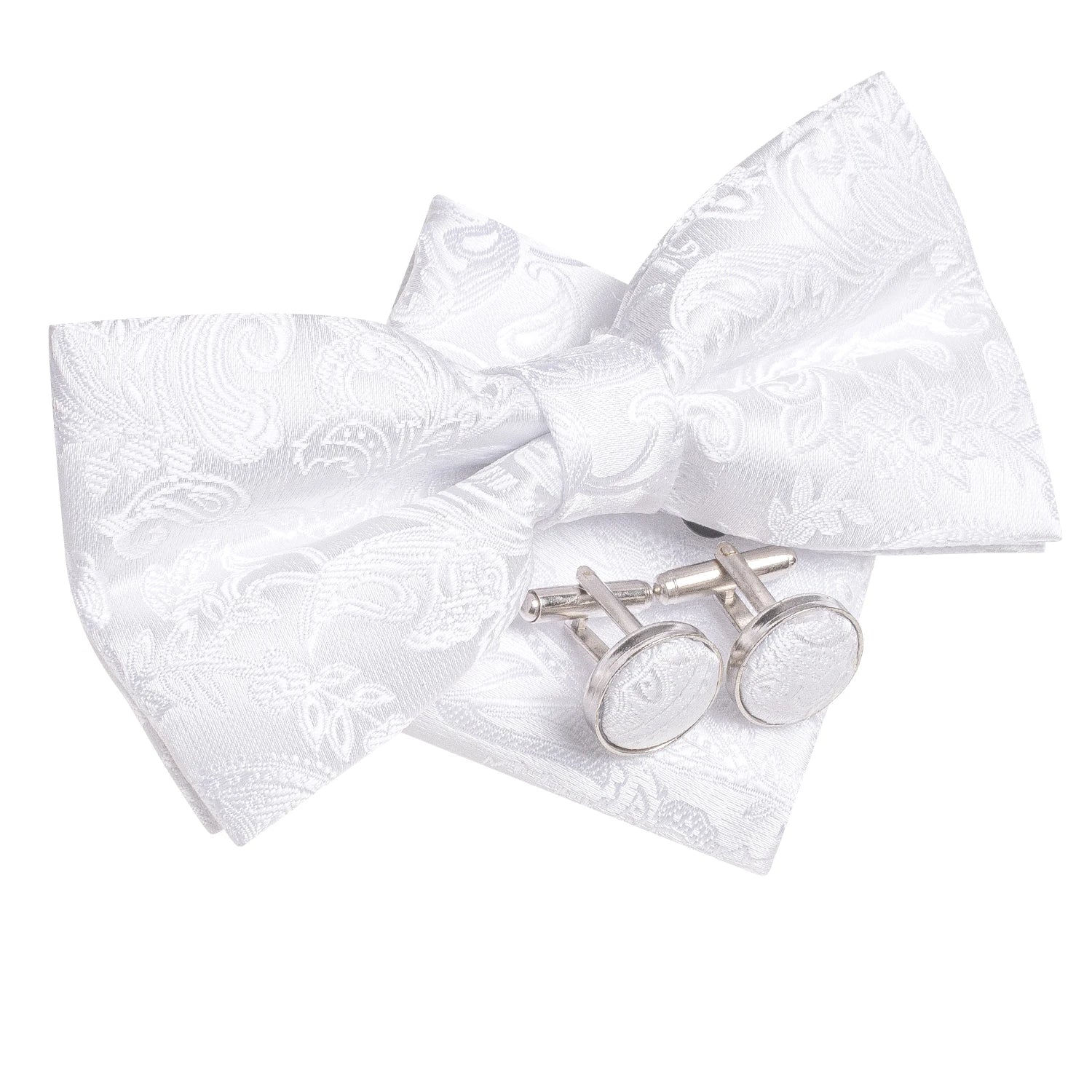 Men's Bow Tie, Silk, Handkerchief, and Cufflinks Set in White, Black, Gray, and Silver - Pre-Tied Butterfly Knot for Weddings and Business Events