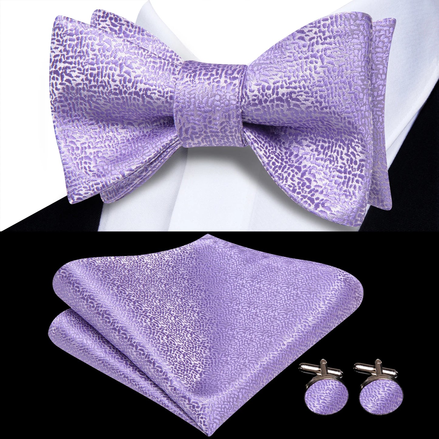 Men's Bow Tie, Handkerchief, and Cufflinks Set - Jacquard Floral Pre-Tied Butterfly Bowtie for Weddings and Business Events