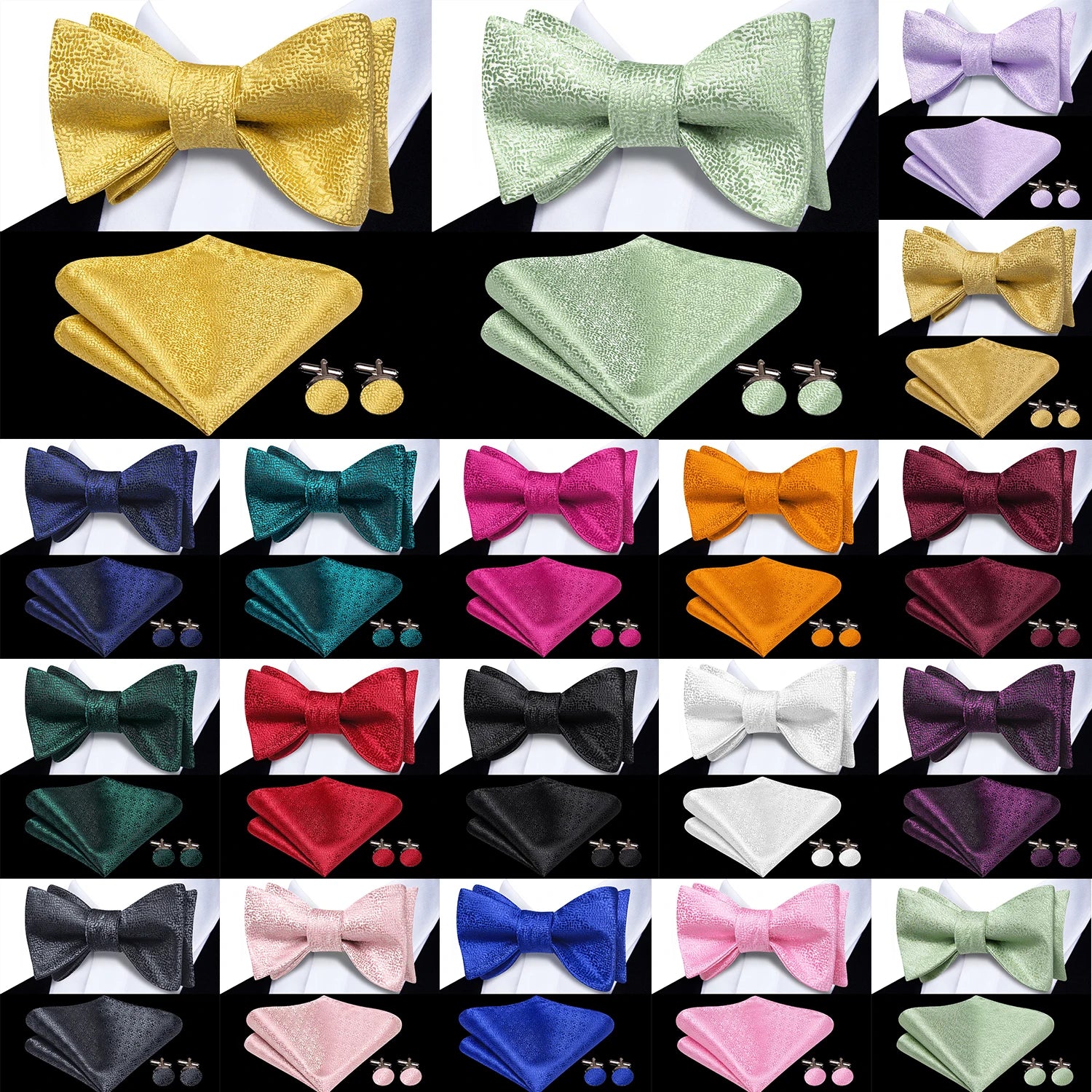 Men's Bow Tie, Handkerchief, and Cufflinks Set - Jacquard Floral Pre-Tied Butterfly Bowtie for Weddings and Business Events