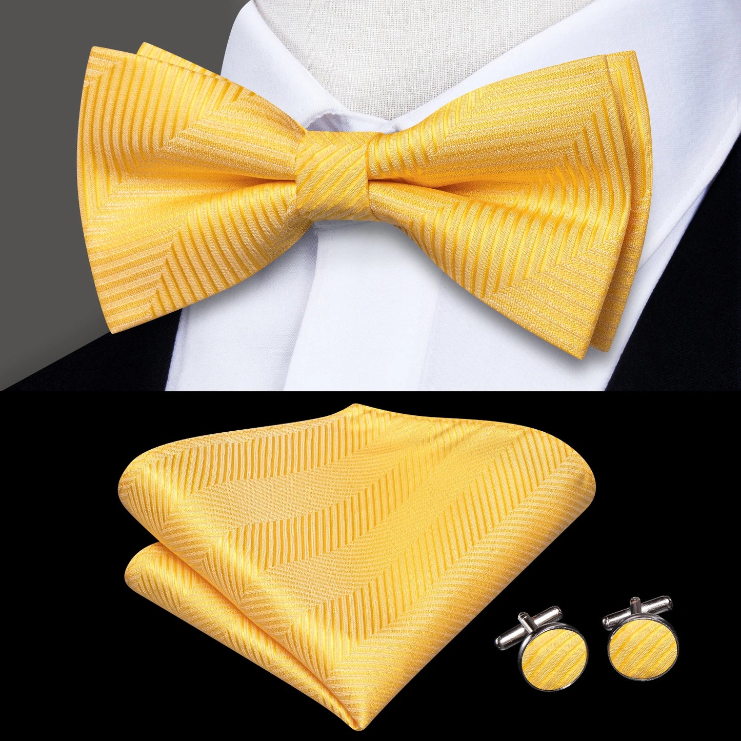 Men's Jacquard Silk Black and Gold Striped Bow Tie Set with Handkerchief and Cufflinks - Pre-Tied Butterfly Bowknot Gift for Adults