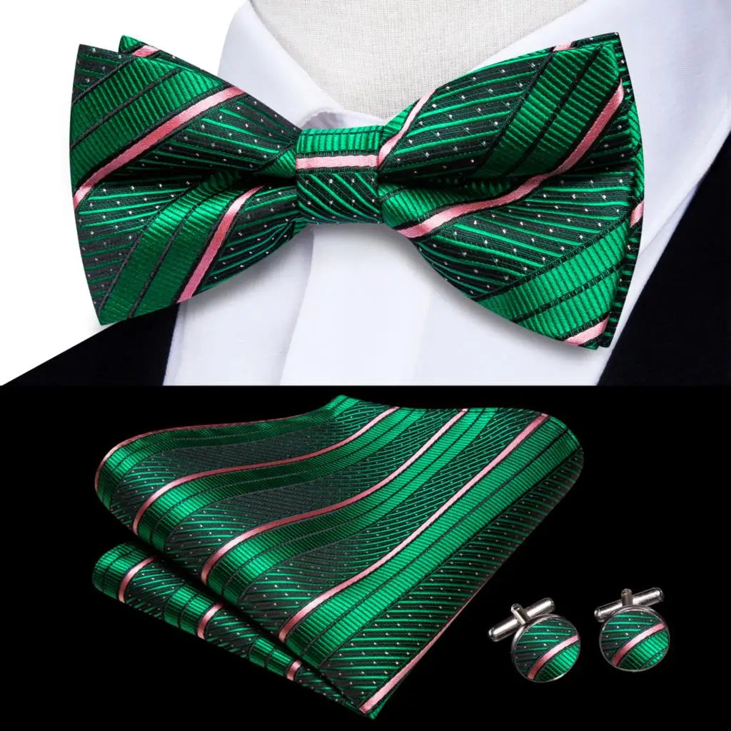 Men's Jacquard Silk Black and Gold Striped Bow Tie Set with Handkerchief and Cufflinks - Pre-Tied Butterfly Bowknot Gift for Adults