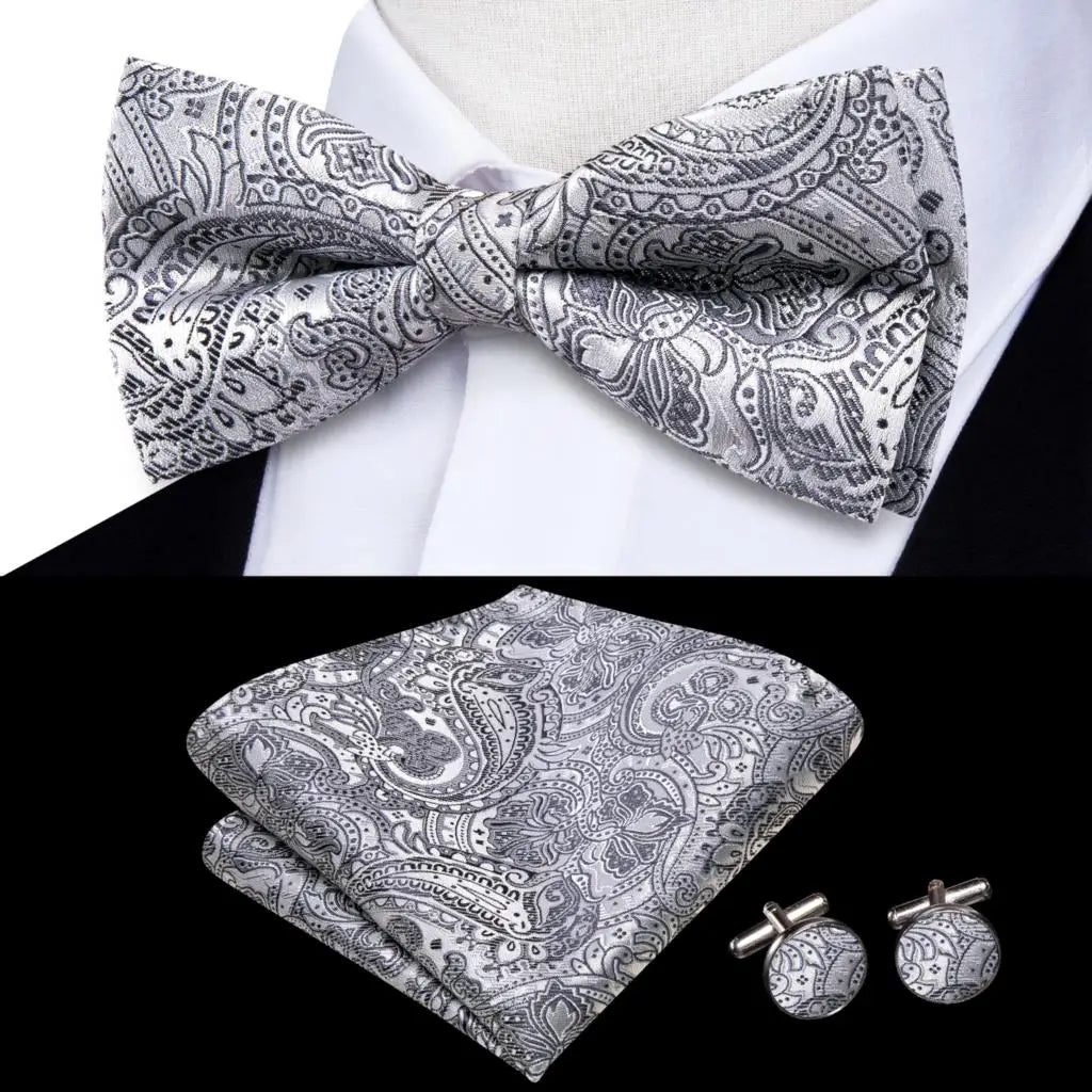 Men's Bow Tie, Silk, Handkerchief, and Cufflinks Set in White, Black, Gray, and Silver - Pre-Tied Butterfly Knot for Weddings and Business Events