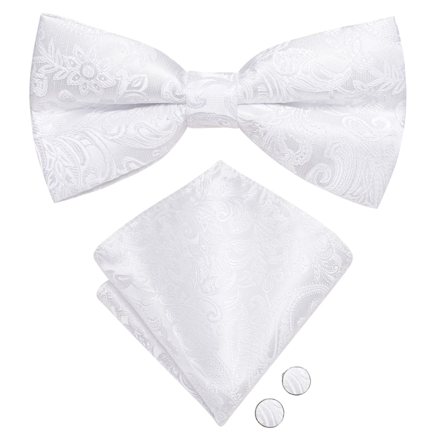Men's Bow Tie, Silk, Handkerchief, and Cufflinks Set in White, Black, Gray, and Silver - Pre-Tied Butterfly Knot for Weddings and Business Events
